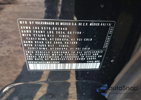 2020 Volkswagen Tiguan 2.0T Se/2.0T Se R-Line Black/2.0T Sel из США, поврежденный, VIN 3VV2B7AX3LM019684